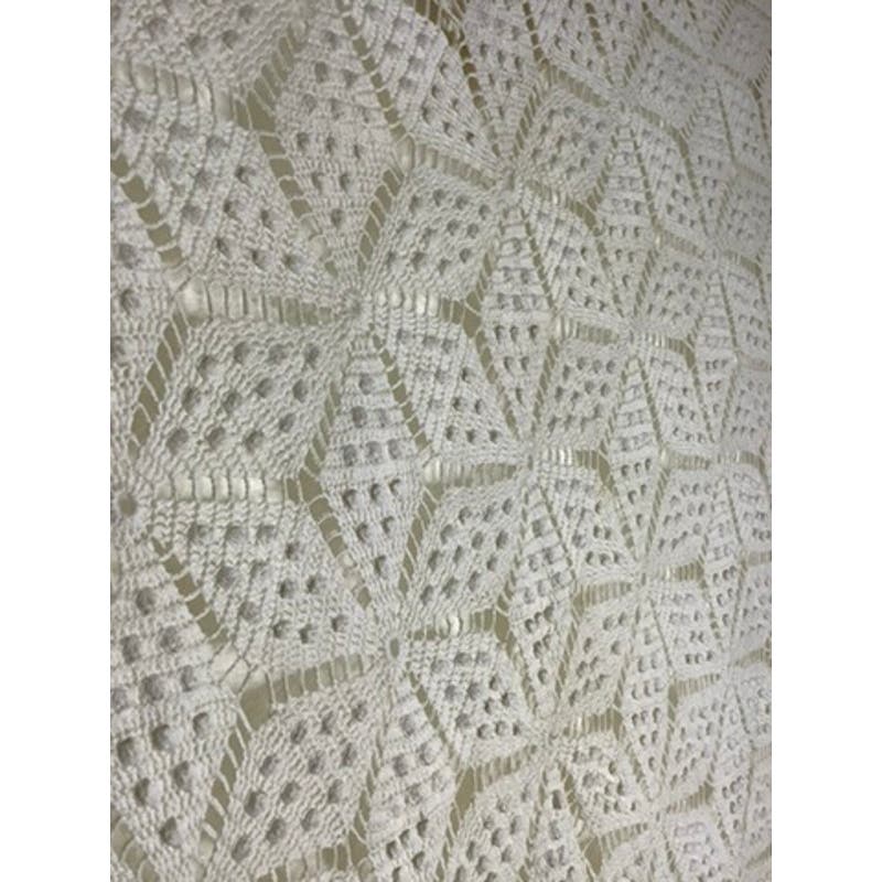 Vtg Crocheted Tablecloth 6 Pointed Creator's Star Fringe Popcorn Ivory 100"x72"