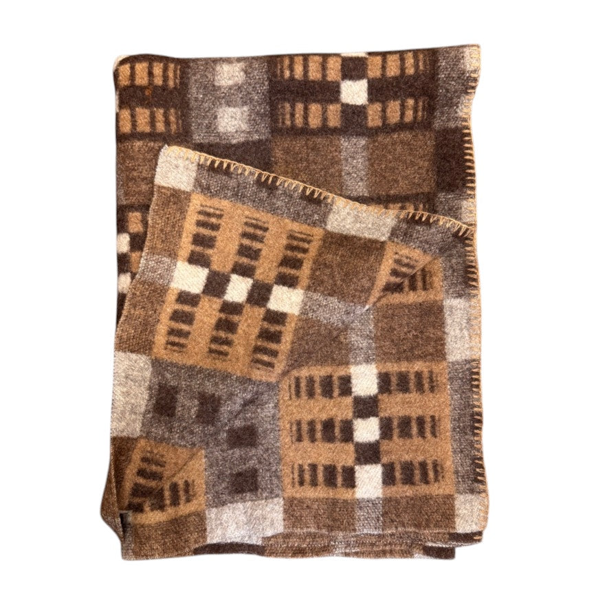 Vtg Brown Wool Blanket Bound Edges Throw Blanket Geometric Pattern 76"x49"