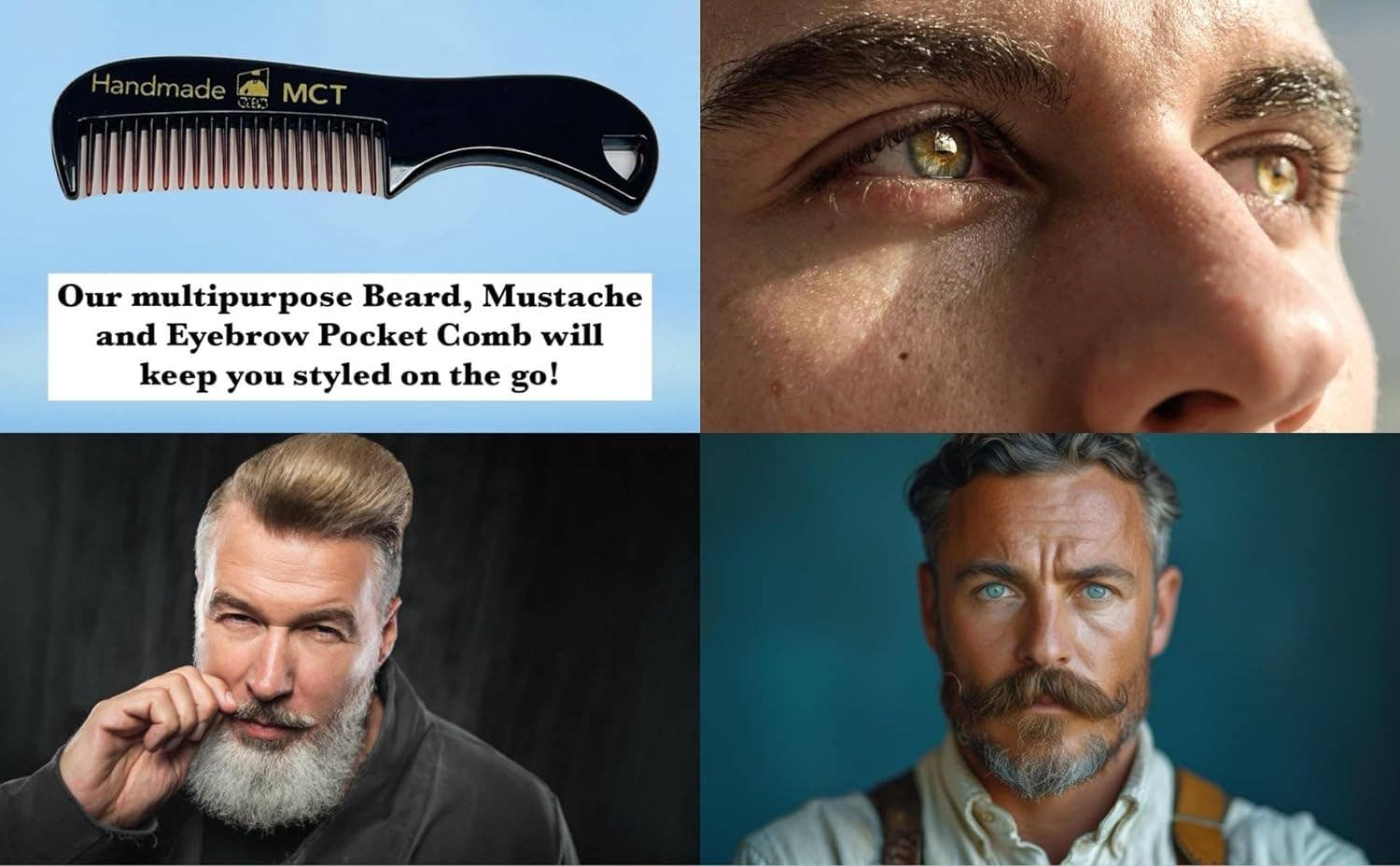 Handmade MCT beard comb with close-up of a man's face, bearded man, and another man with a beard.