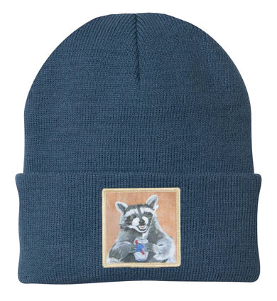 Blue beanie with a raccoon patch on a white background