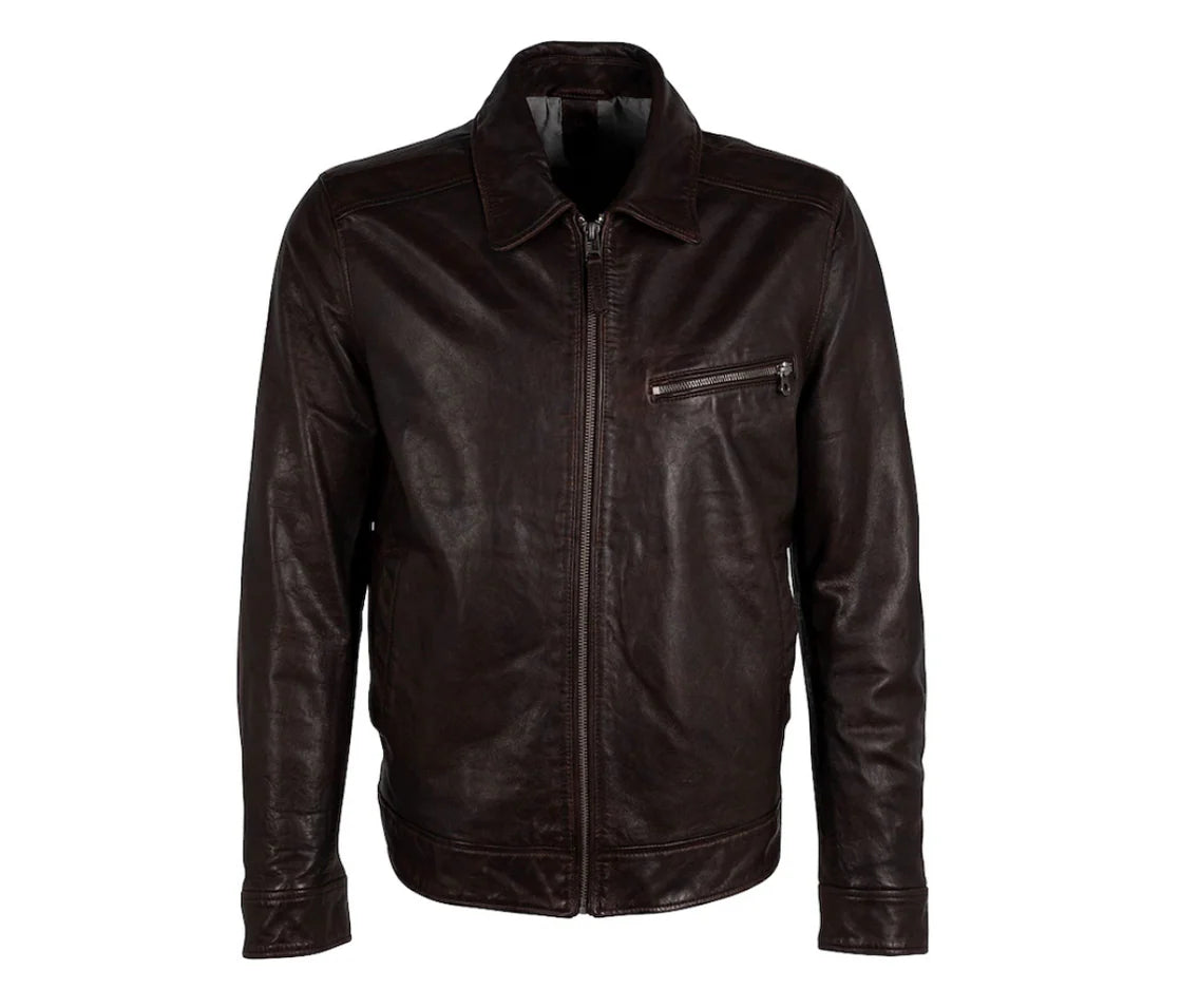 Brown leather jacket on a white background