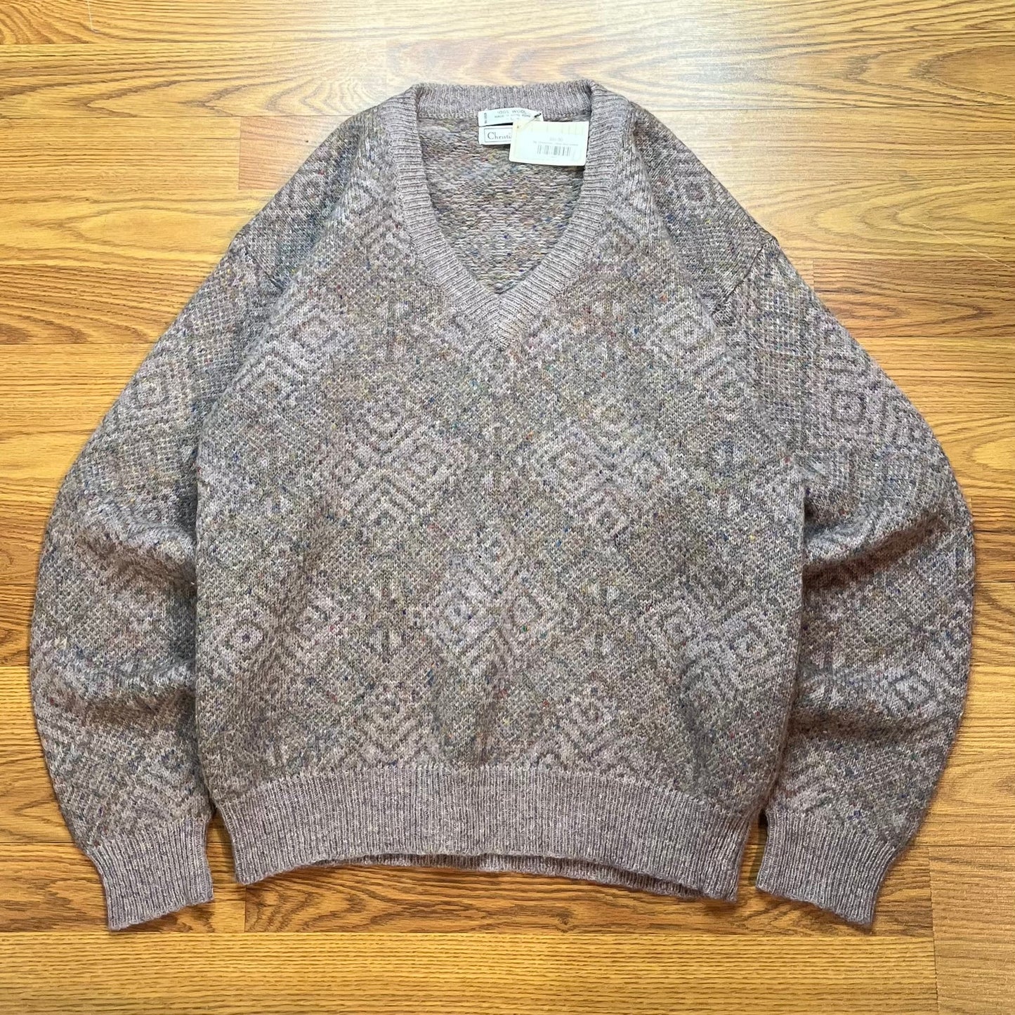 Vintage 1980s Christian Dior 100% Wool Geometric Knit V Neck Sweater Mens Large
