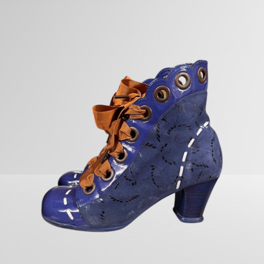 John Fluevog Operetta Licia Blue Ankle Boots Size 7 Blue Yellow White Ribbon
