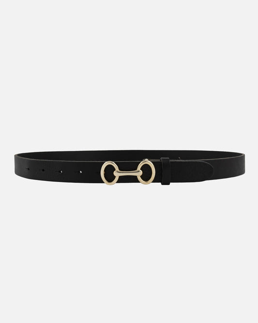 Black belt with a gold horsebit buckle on a white background