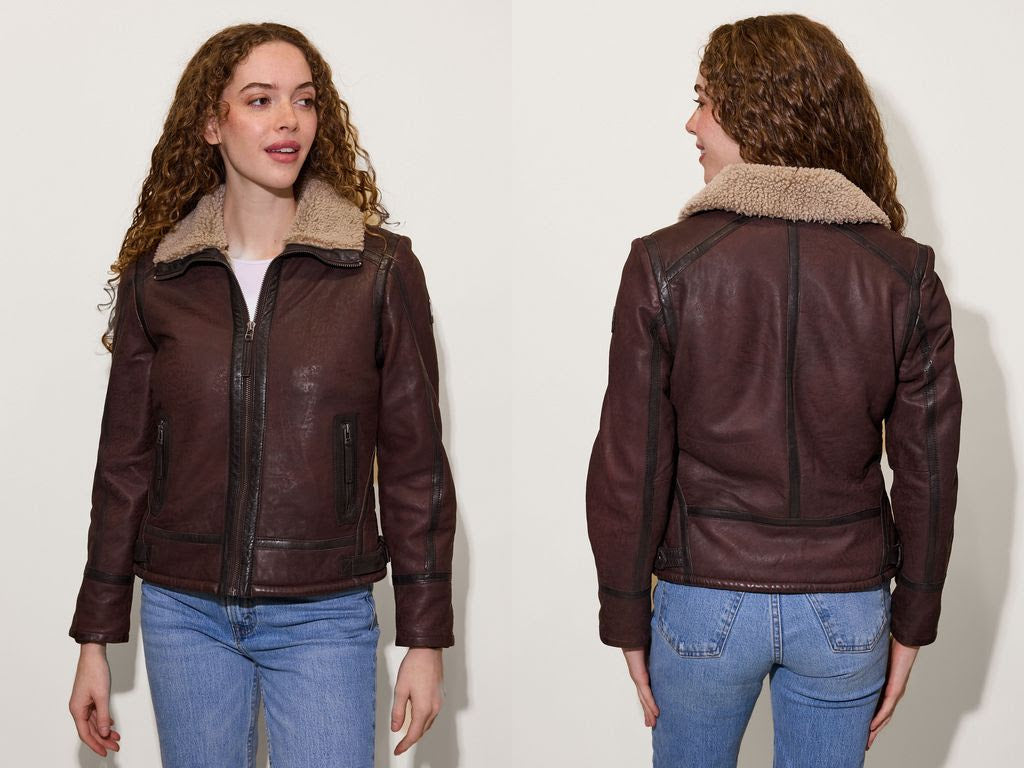 Woman wearing a brown leather jacket with fur collar, shown from front and back on a white background.