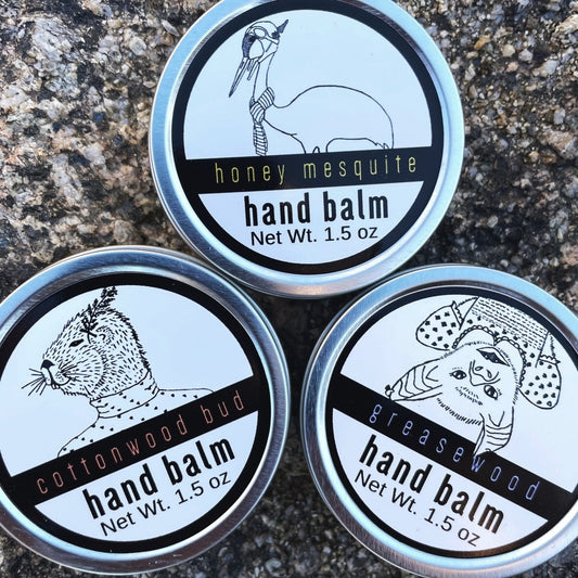 three options of scents and flavors of Botanical Hand Balm dryland wild