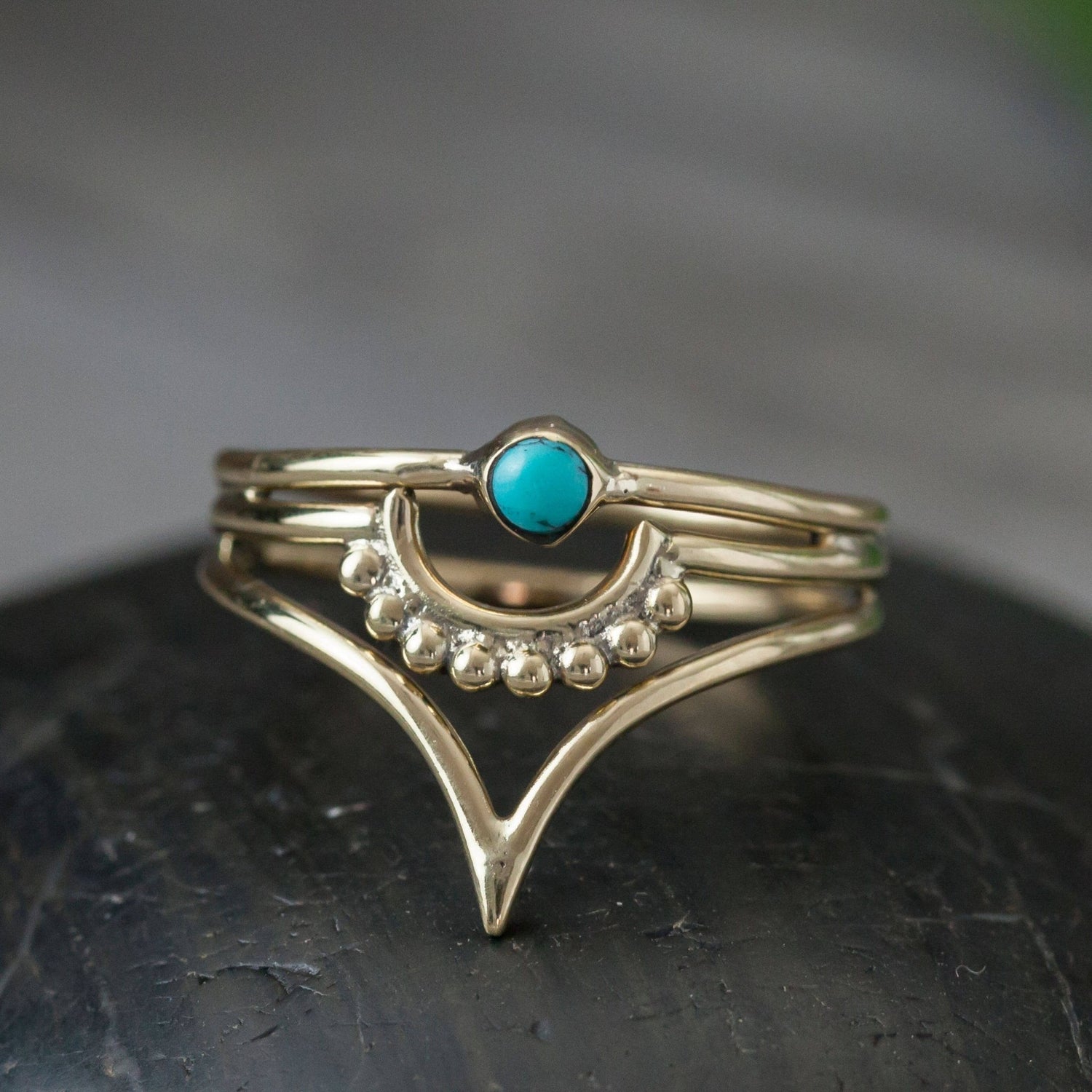 Brass Triple Layer Ring with Turquoise Stone - MST GoodsRingBaizaar