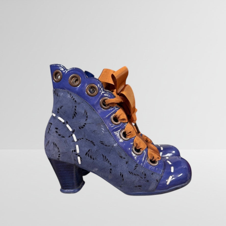 John Fluevog Operetta Licia Blue Ankle Boots Size 7 Blue Yellow White Ribbon