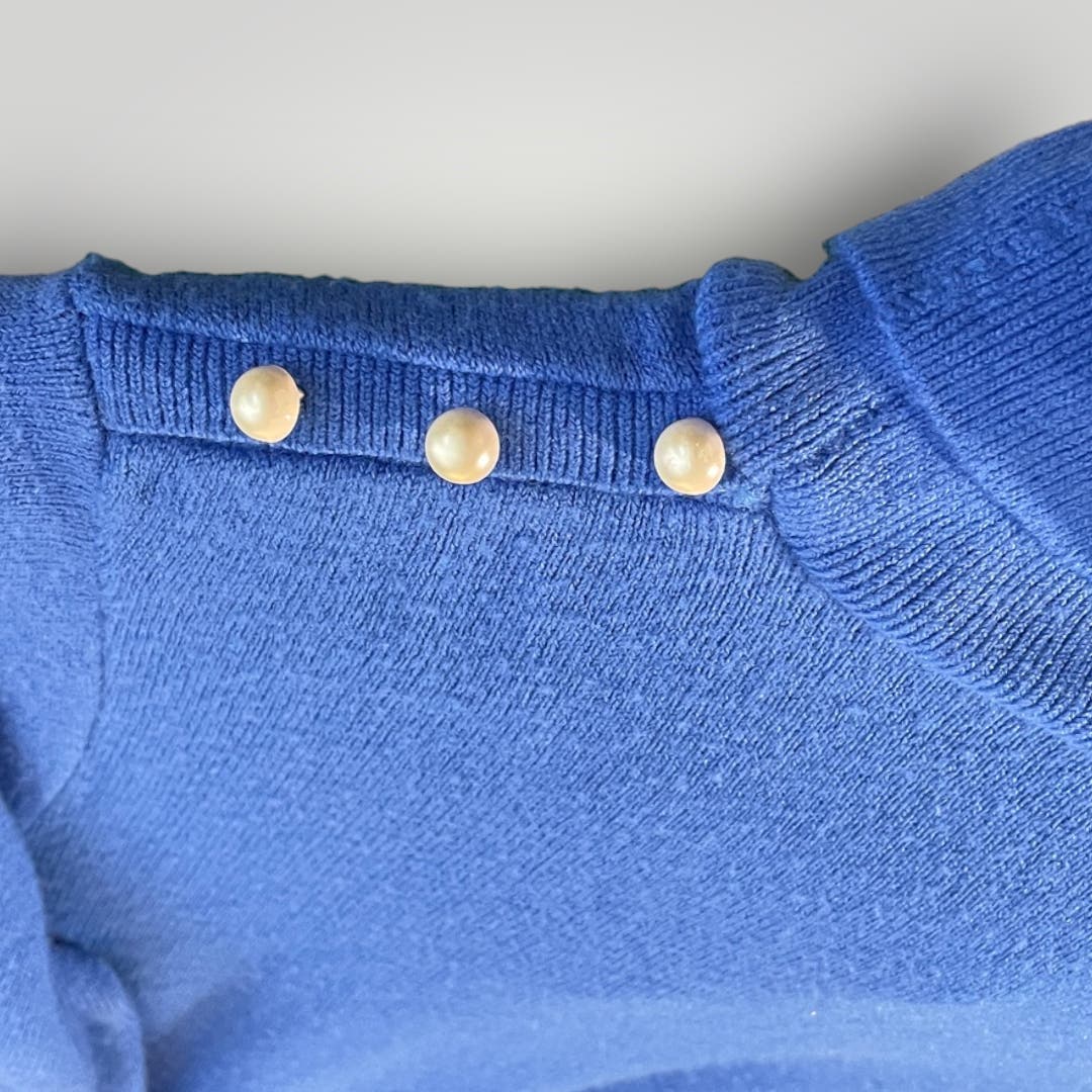 Vintage Blue Wool Lightweight Sweater Pearls Turtleneck Knit Women's Small