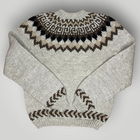 Vintage Handknit Wool Cardigan Chunky Warm Neutrals Fair Isle Top Large