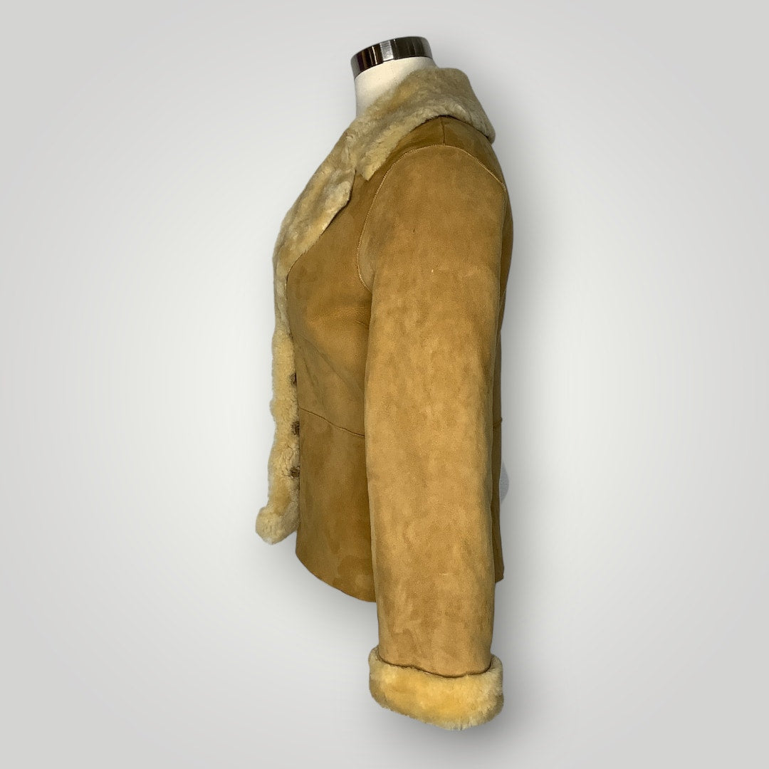 Vintage Sheepskin Shearling Single Breasted Short Coat Brown Tan Women's Small