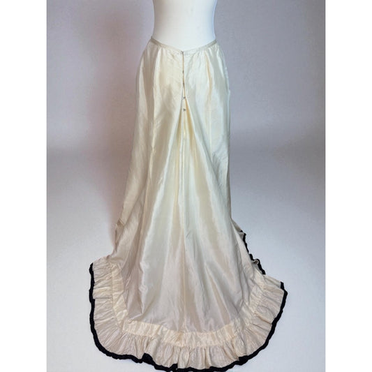 Antique Victorian Silk Skirt with Train Bustle Ivory Black Trim Ruffle Petticoat