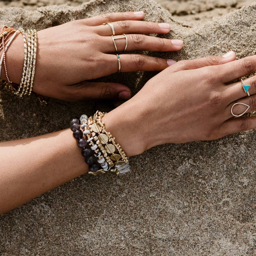 Textured Brass Ring with Double Faceted Stones