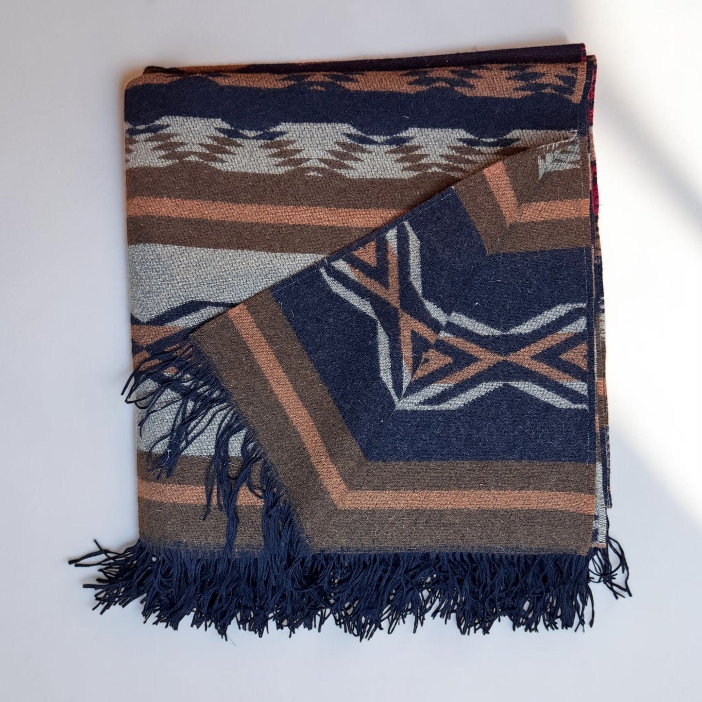 Pendleton Fringed Throw Chimayo Neutrals Black Tan Brown Red 100% Wool  60”x64”