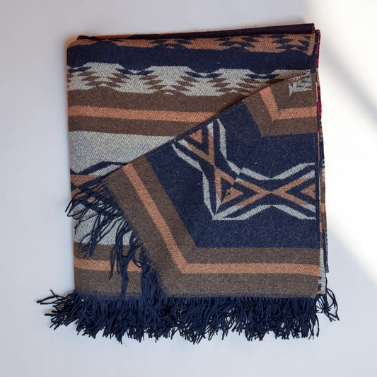 Pendleton Fringed Throw Chimayo Neutrals Black Tan Brown Red 100% Wool  60”x64”