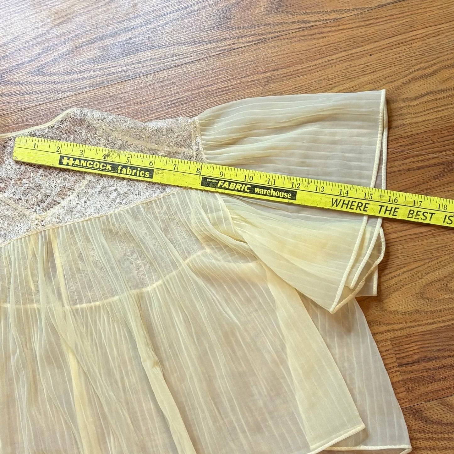 Vtg 1960s Sheer Butter Yellow Lace Pleated Blouse Tie Front Bell Sleeve Boho