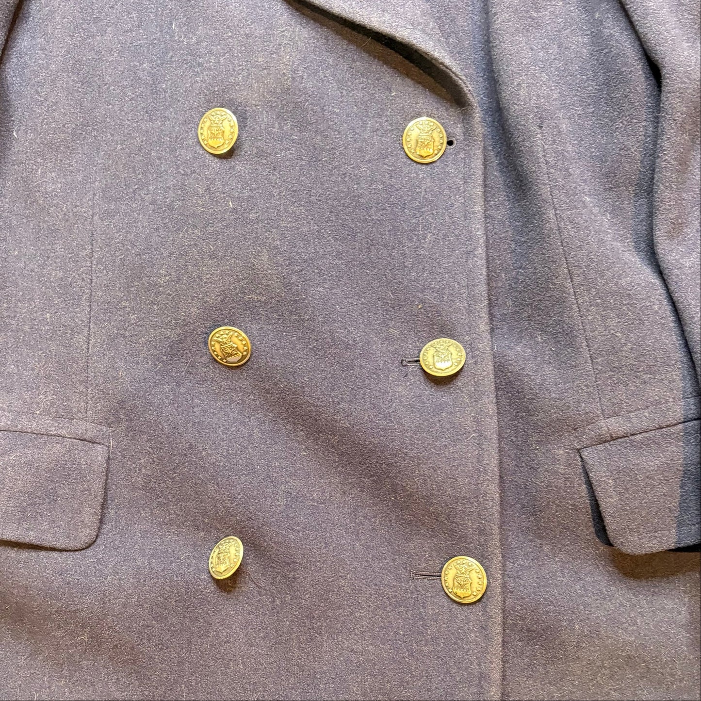 Vintage 1970s Navy Blue Wool Peacoat Men's Large Gold Buttons Double Breasted
