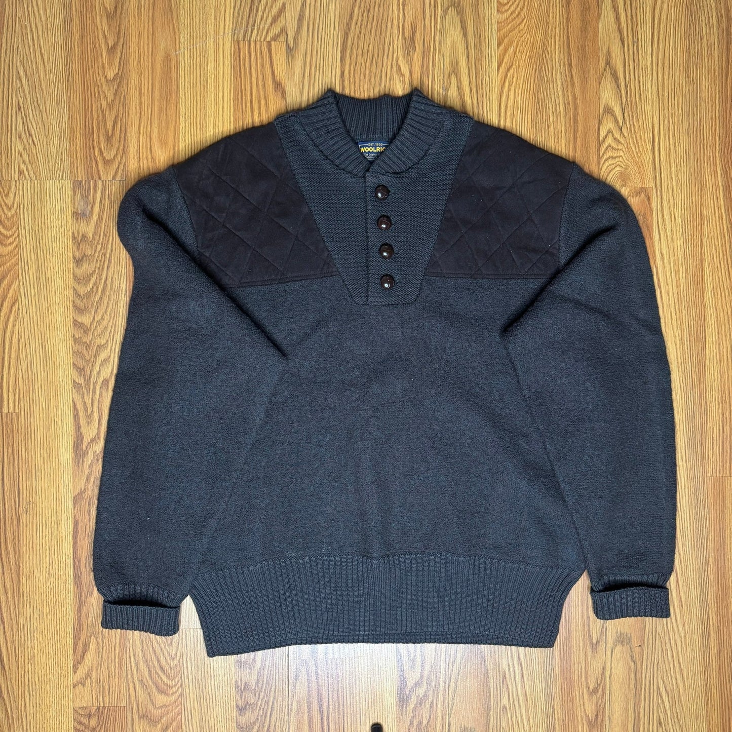 Vintage Woolrich Henley Sweater Green Brown Leather Buttons Suede Shoulder L