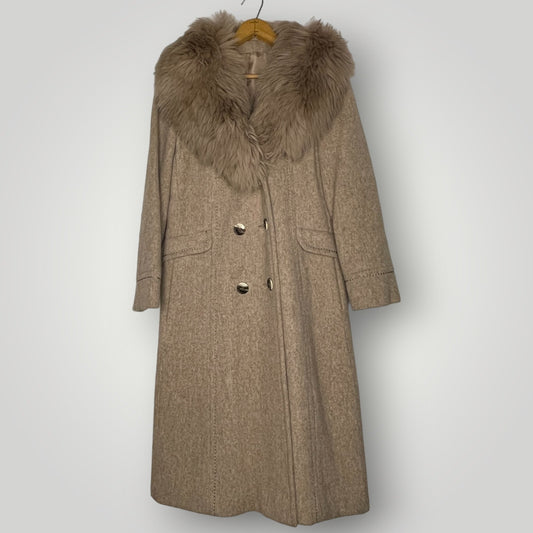 Vintage 1970s Sears Wool Peacoat Faux Fur Trim Collar Women's Beige Tan S