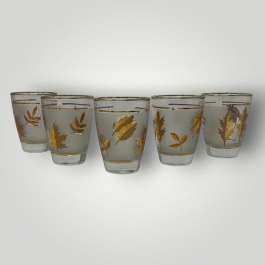 Vintage Libbey Golden Foliage Juice Glasses Retro MCM Barware Gold Frosted Leaves