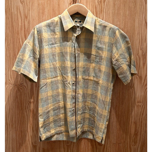 Joseph Abboud Blue Yellow Plaid Short Sleeve Men's Medium Linen Blend