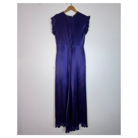 Vintage 1930s Dress Purple Maxi Pleated Ruffle Detail Sequin Sm or Med Satin