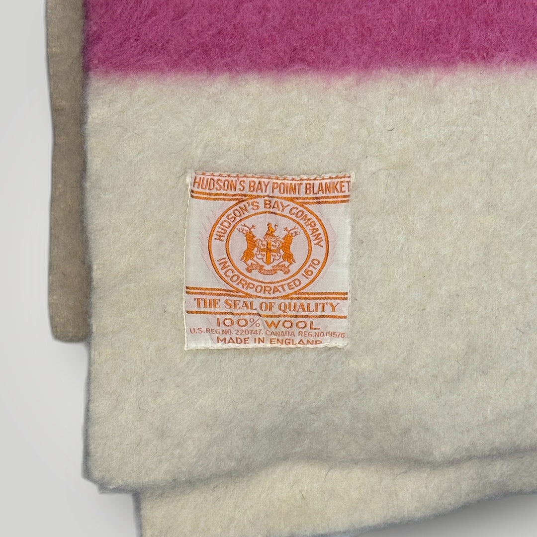 Vintage Hudson Bay 4 Point Blanket 1950s Rare Pink Fluffy Wool 72”x88” Double
