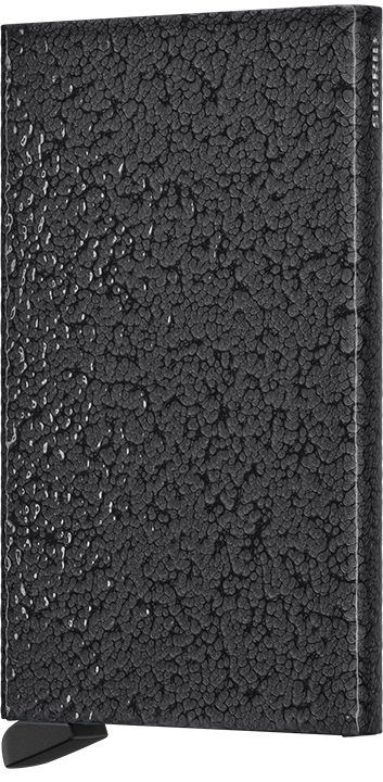 Black textured wallet with a thin stand feature on a black background