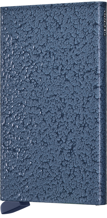 Blue textured wallet with a stand feature on a white background
