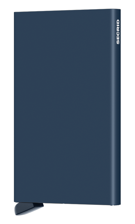 Blue wallet with Secrid branding on a white background