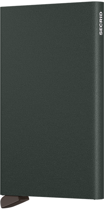 Dark green wallet with 'Secrid' branding on a white background