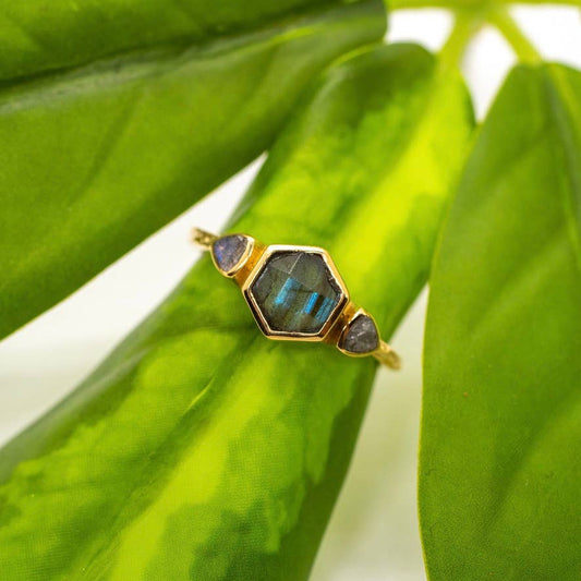 Brass Labradorite Hexagon Ring