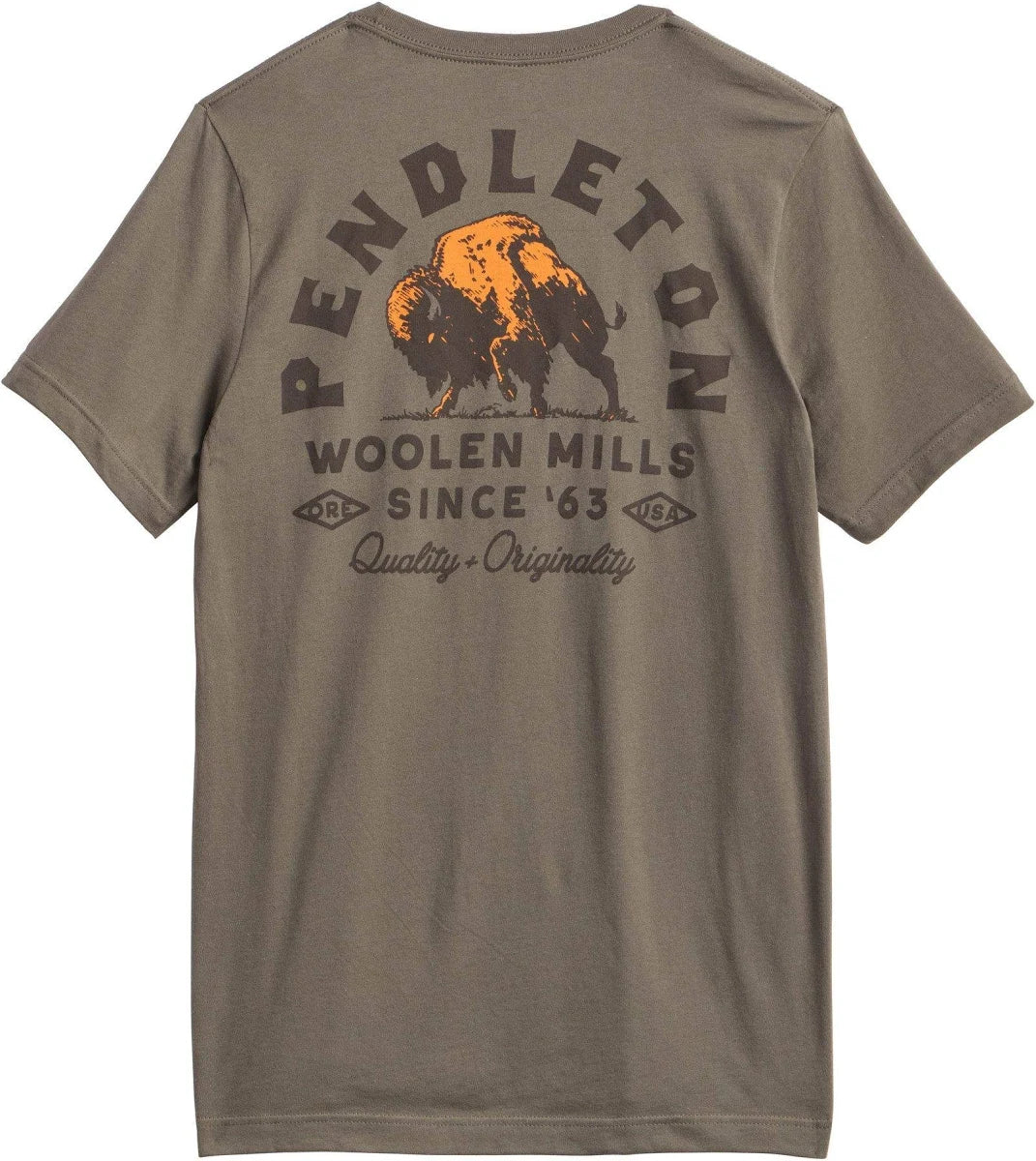 A short-sleeve crewneck t-shirt in a muted taupe-brown color, showing the back graphic. The graphic features a large orange and black bison illustration with the text 'PENDLETON WOOLEN MILLS SINCE '63' and 'Quality Originality' in dark brown.