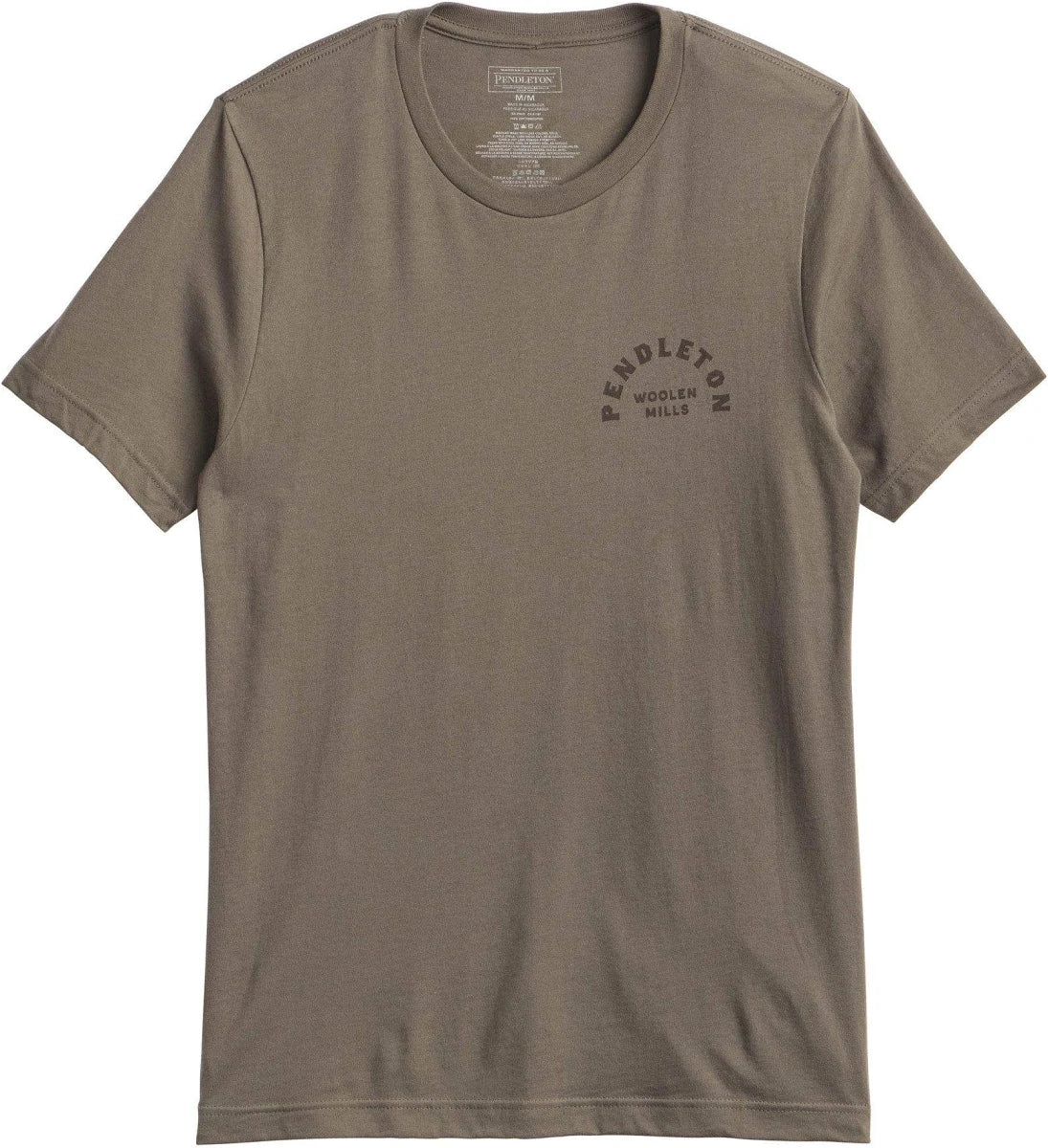A short-sleeve crewneck t-shirt in a muted taupe-brown color, featuring a small dark graphic on the left chest that reads 'PENDLETON WILMINGTON'.