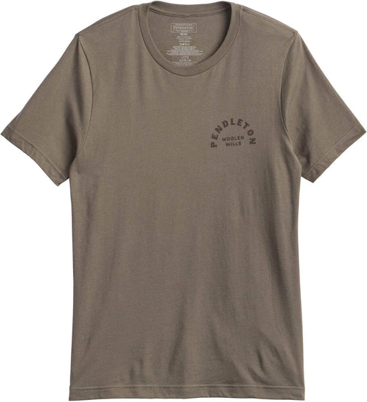 A short-sleeve crewneck t-shirt in a muted taupe-brown color, featuring a small dark graphic on the left chest that reads 'PENDLETON WILMINGTON'.