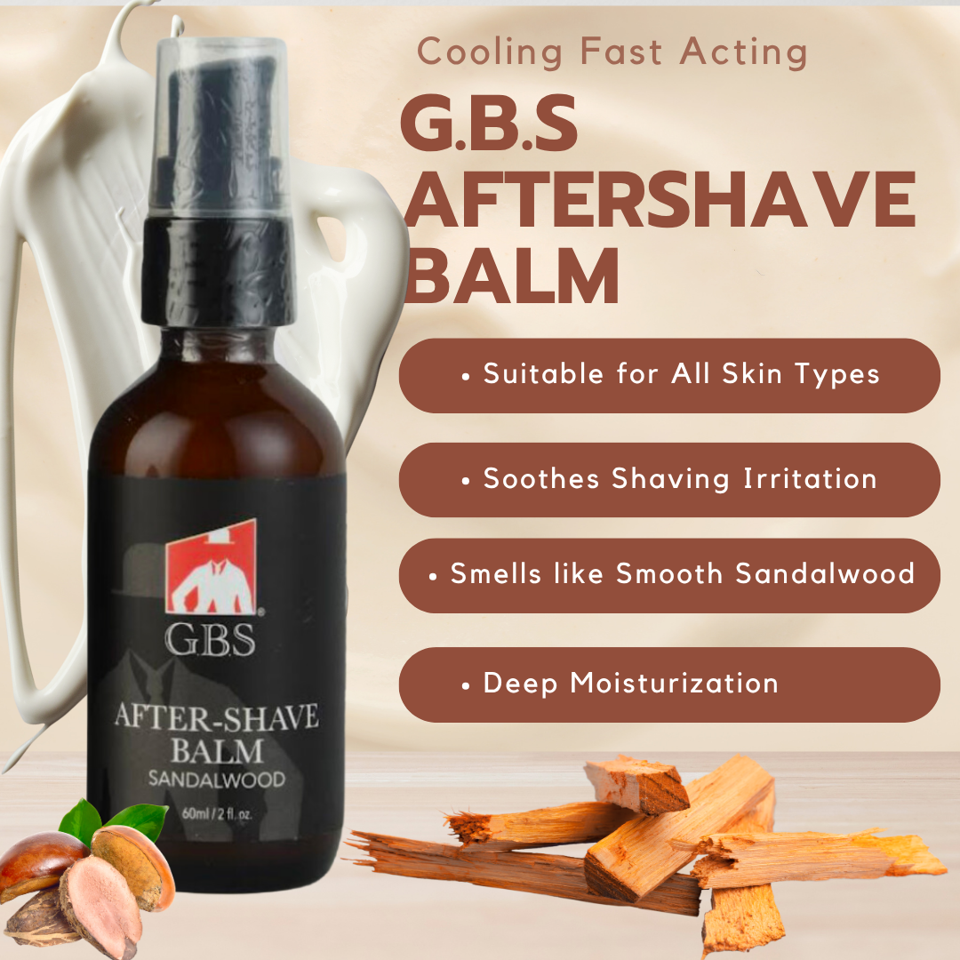 GBS Aftershave Balm bottle with sandalwood elements on a beige background