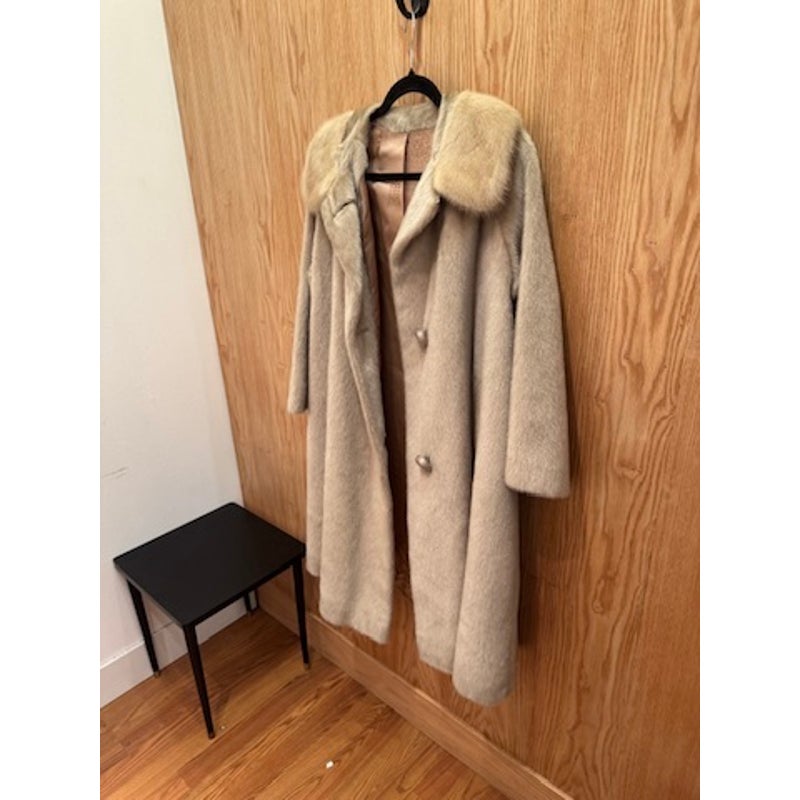 Vtg Faux Fur Fuzzy Jacket 1960s Mink Collar Tan Beige Russel Taylor L Swing