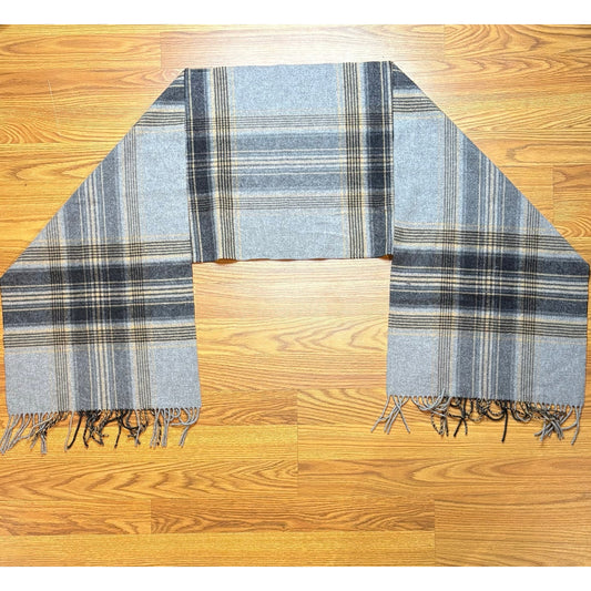 Vintage Pure Cashmere Scarf Plaid Gray Black Tan Fringe USA Made