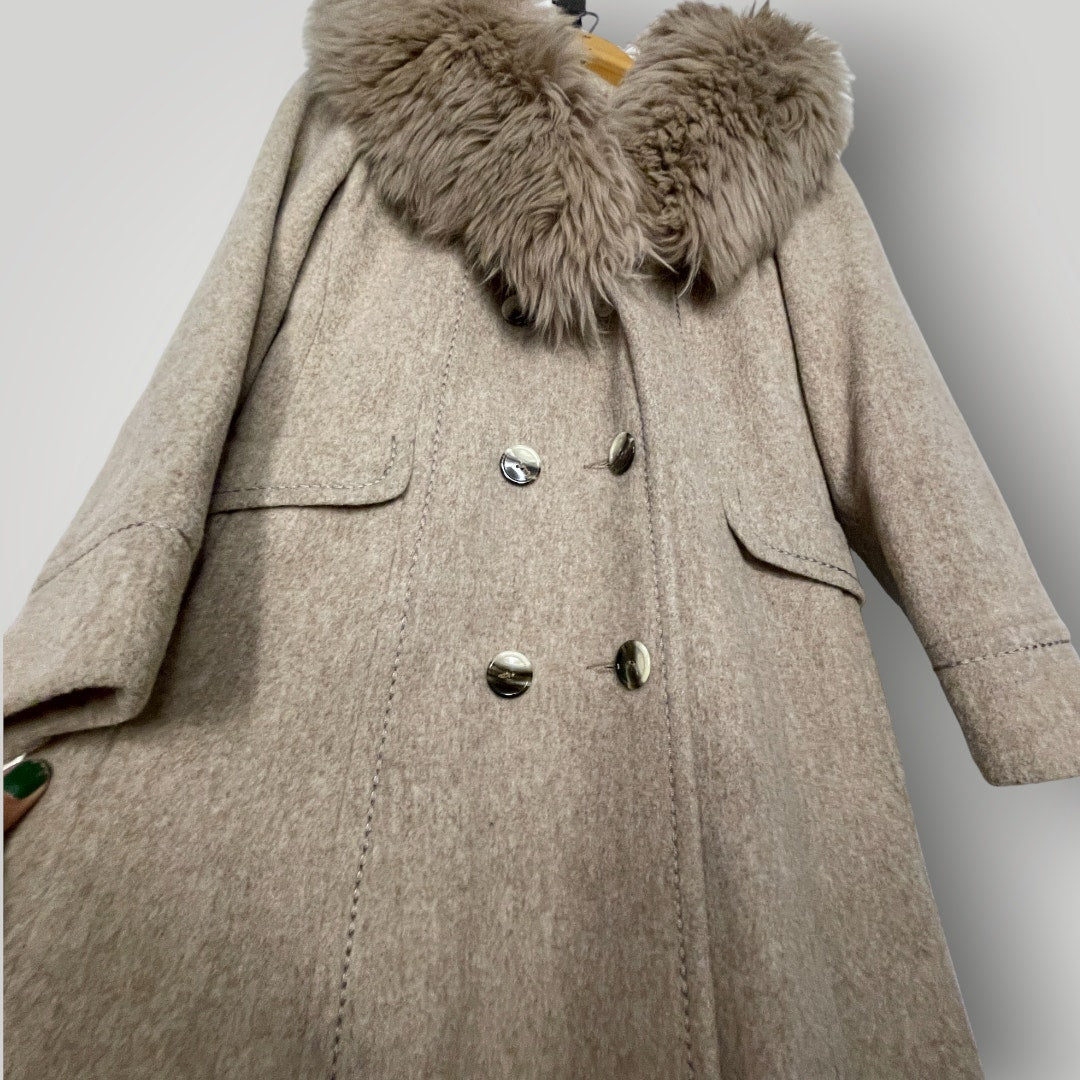 Vintage 1970s Sears Wool Peacoat Faux Fur Trim Collar Women's Beige Tan S