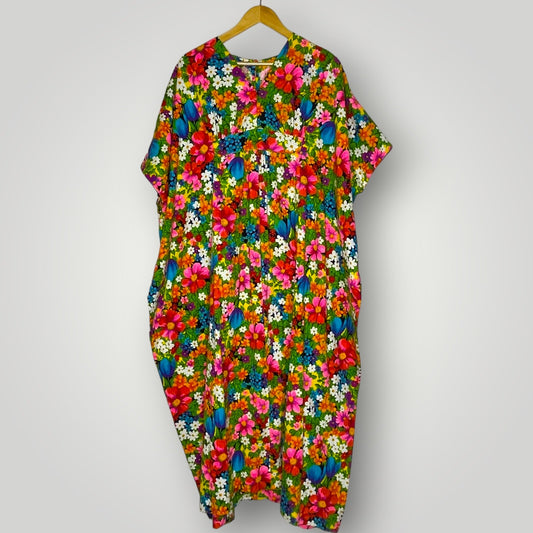 Vintage Kaftan 1960s Floral Bright Crazy Handmade One Size Multicolor