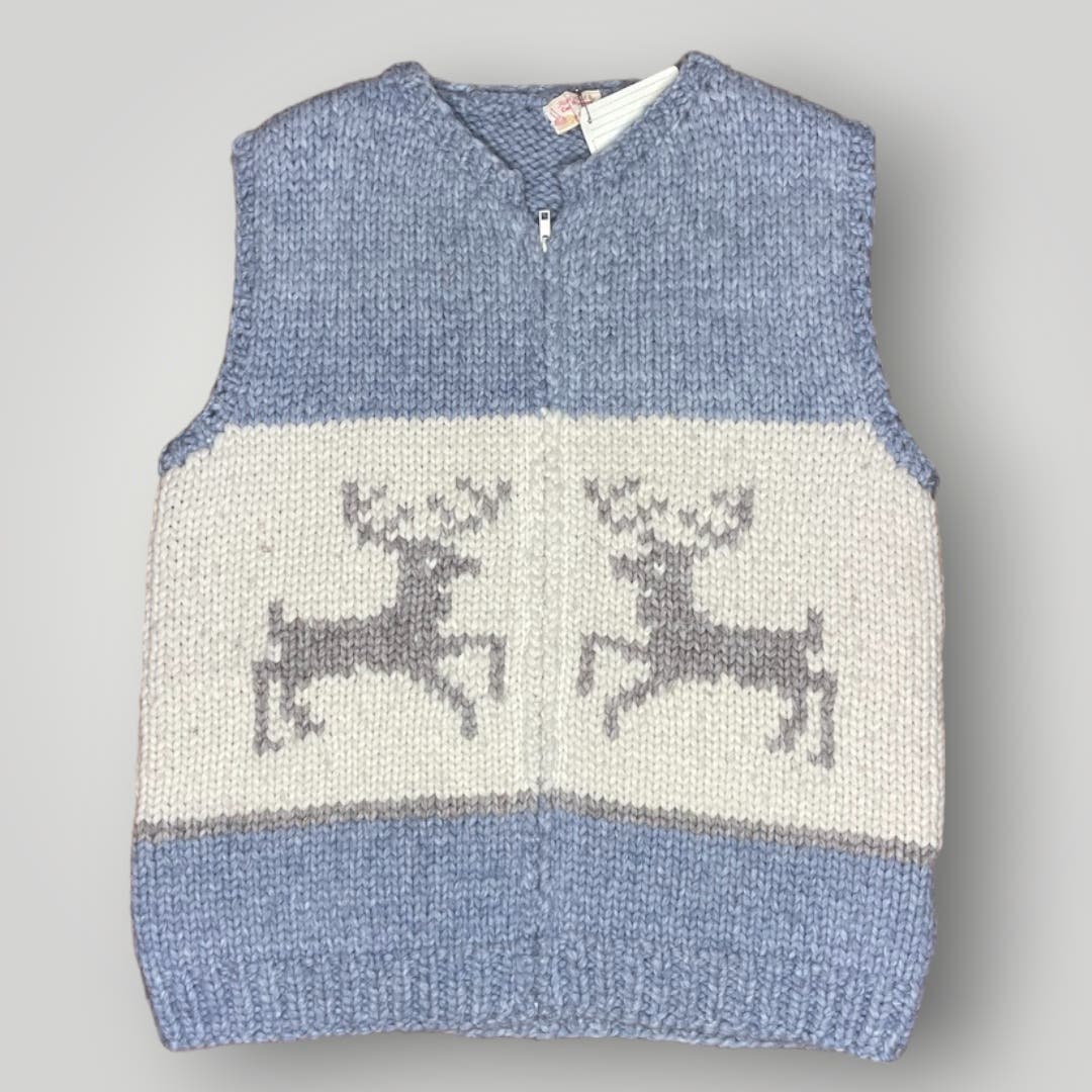 Vintage Knit Sweater Vest Reindeer Heavy Wool Handmade Gray Cream Zip Front L