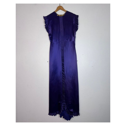 Vintage 1930s Dress Purple Maxi Pleated Ruffle Detail Sequin Sm or Med Satin