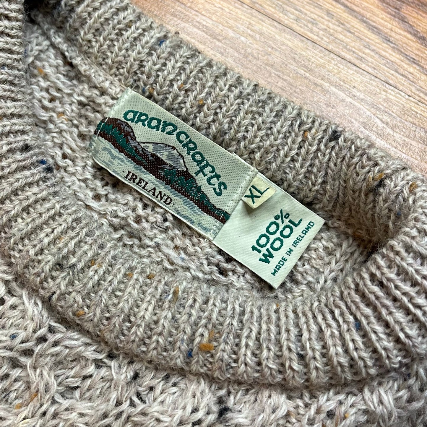 Vtg Aran Crafts Ireland Wool Fisherman Sweater Oatmeal Heather Speckle Men Lg