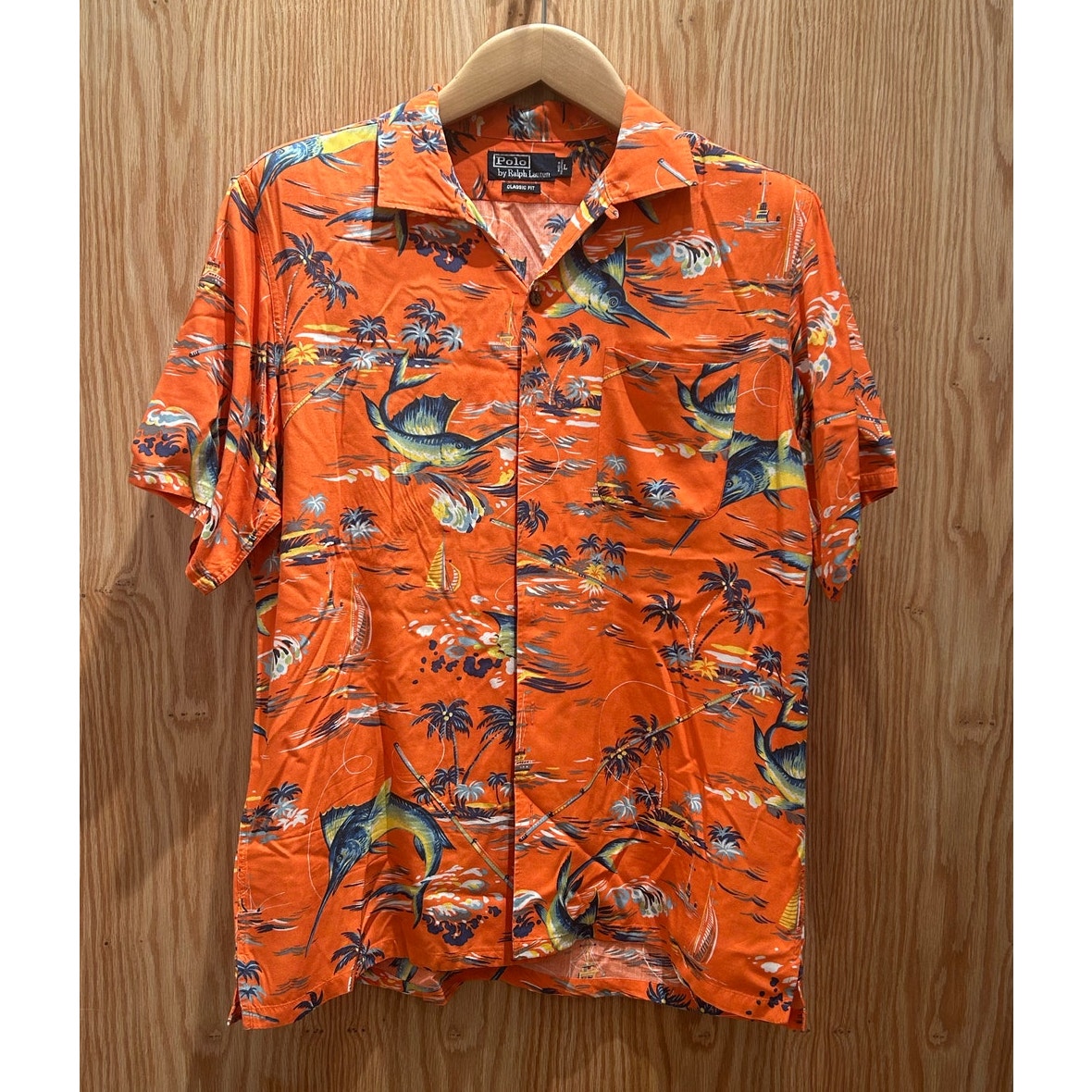 Vintage 1990s Polo Ralph Lauren Orange Hawaiian Marlin Shirt Camp Collar Men's L