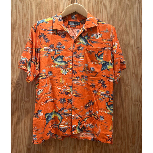 Vintage 1990s Polo Ralph Lauren Orange Hawaiian Marlin Shirt Camp Collar Men's L