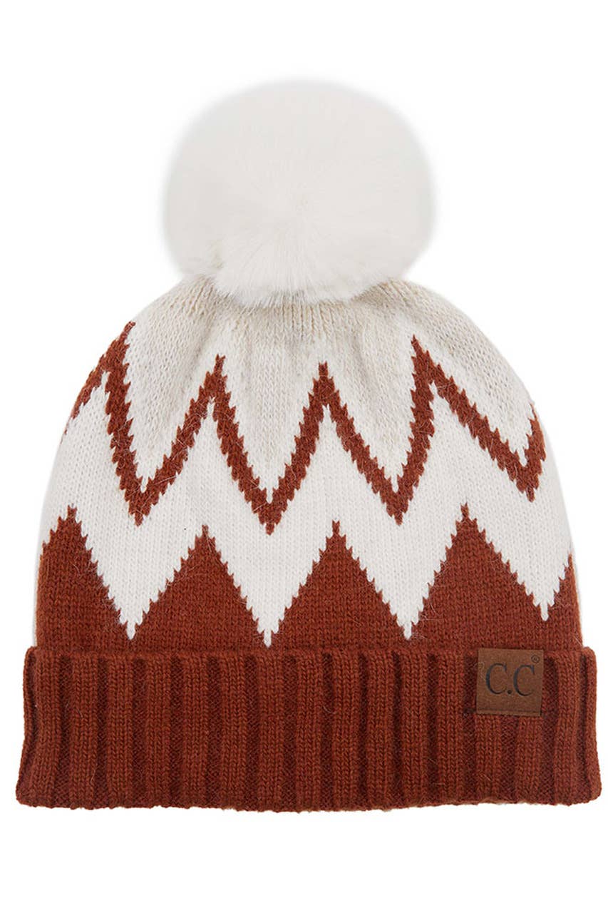 C.C Chevron Knit Beanie With Pom