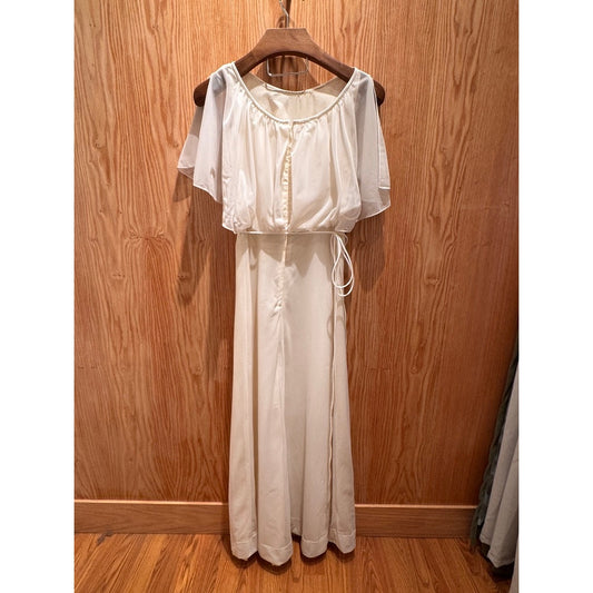 Vintage 1970s White Maxi Dress Flutter Sleeve Sheer Union Made XS USA