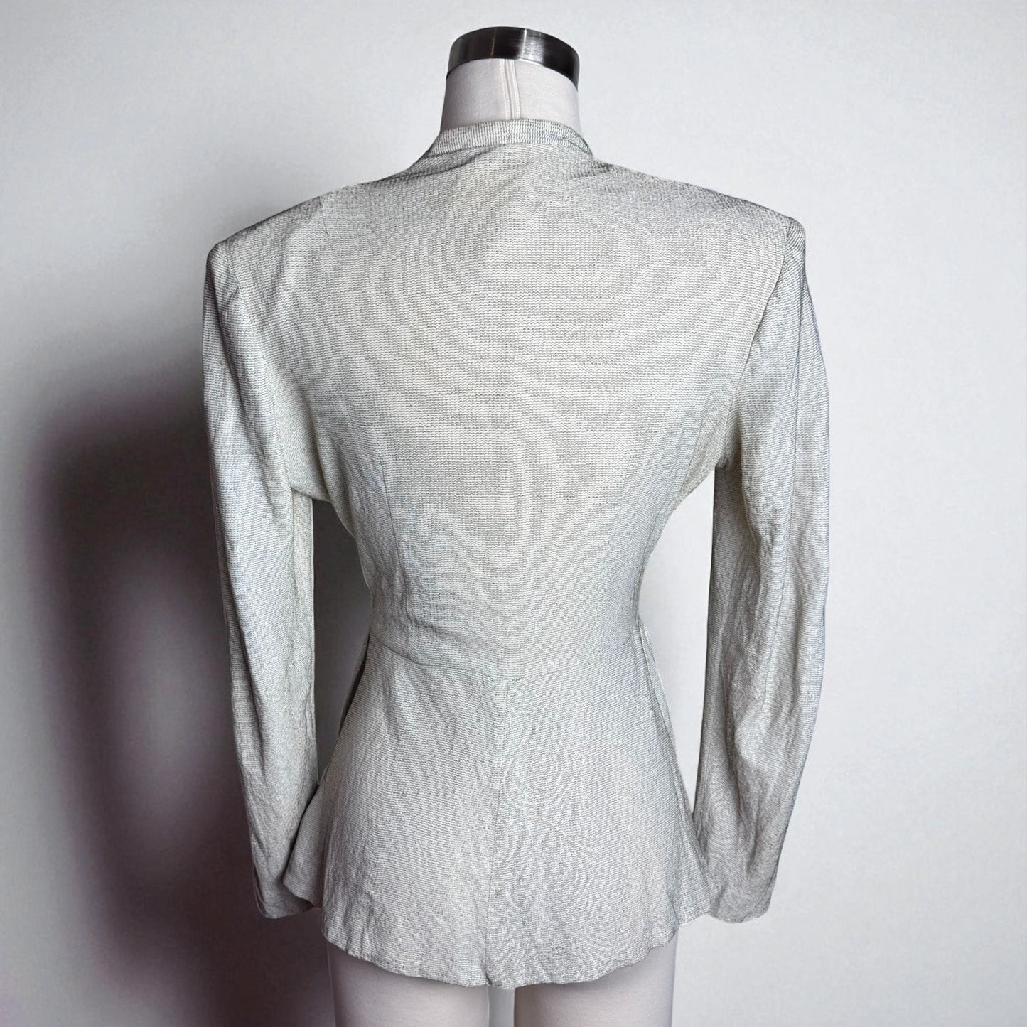 Vintage 1940s Lurex Metallic Button Top Blouse Peplum Hem White Gold Threads