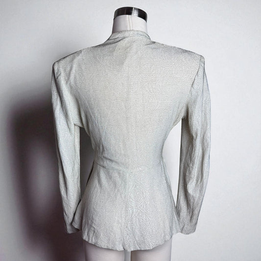 Vintage 1940s Lurex Metallic Button Top Blouse Peplum Hem White Gold Threads