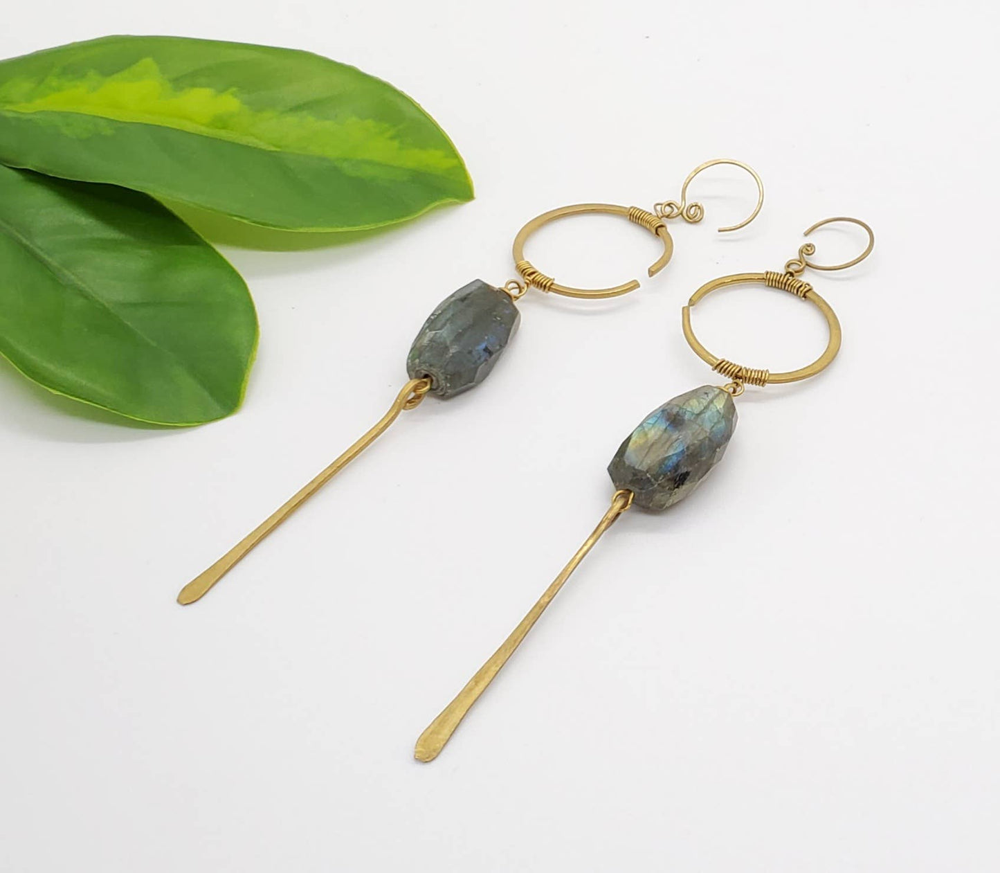 Brass Crescent with Rough Cut Stone Earring